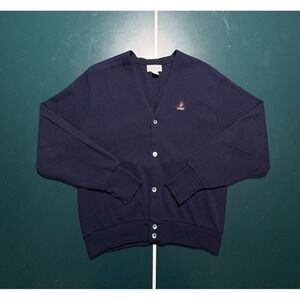 Vintage Izod Cardigan Sweater Mens Medium Navy Blue Button Front Knit Preppy USA